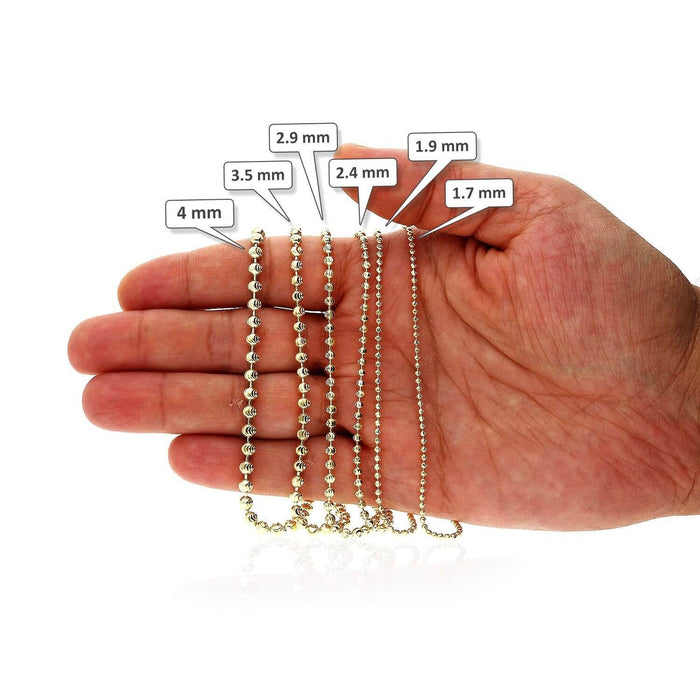 10K Yellow Gold 1.7-4mm Moon-Cut Beaded Dog Tag Chain (Solid Links) 16"-30"