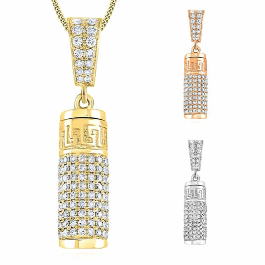 1.10CTW Real Diamond 10K Gold Yellow White Rose Cylinder Urn Pendant 1.2"