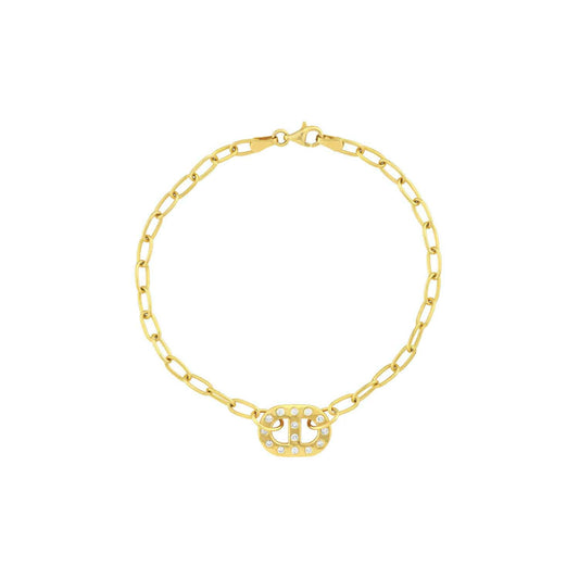 0.21CTW Real Diamond 14K Gold Yellow Charm Oval Link Charm Bracelet 7.5"