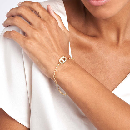 0.21CTW Natural Diamond 14K Yellow Gold Oval Link Charm Bracelet (Solid Links) 7.5"
