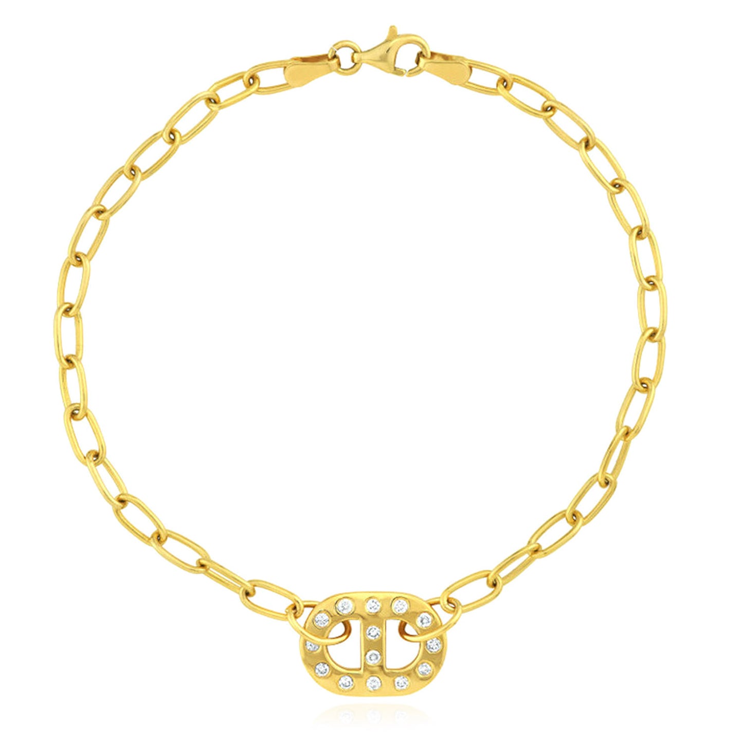 0.21CTW Natural Diamond 14K Yellow Gold Oval Link Charm Bracelet (Solid Links) 7.5"