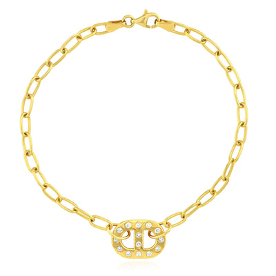 0.21CTW Natural Diamond 14K Yellow Gold Oval Link Charm Bracelet (Solid Links) 7.5"