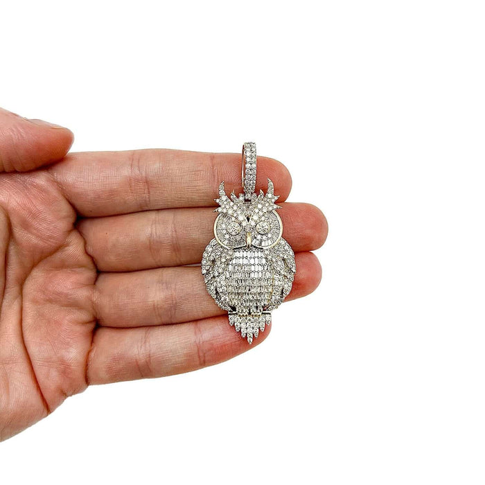 4CTW Natural Diamond 10K Yellow Gold Baguette Owl Pendant 2.2" - WJD Exclusives