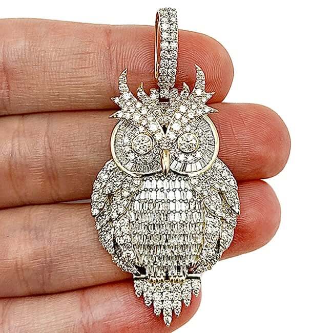 4CTW Natural Diamond 10K Yellow Gold Baguette Owl Pendant 2.2" - WJD Exclusives