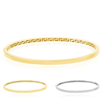 14K Gold 3.5mm Square Tube Greek Key Interior Bangle Bracelet (Solid Links) 7" - WJD Exclusives