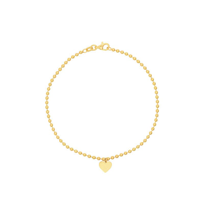 Engravable 14K Yellow Gold Personalized Ball Beaded Dangle Heart Bracelet (Hollow) 7.5" - WJD Exclusives