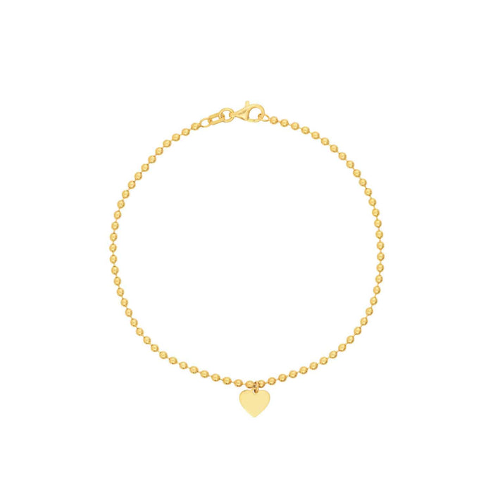 Engravable 14K Yellow Gold Personalized Ball Beaded Dangle Heart Bracelet (Hollow) 7.5" - WJD Exclusives