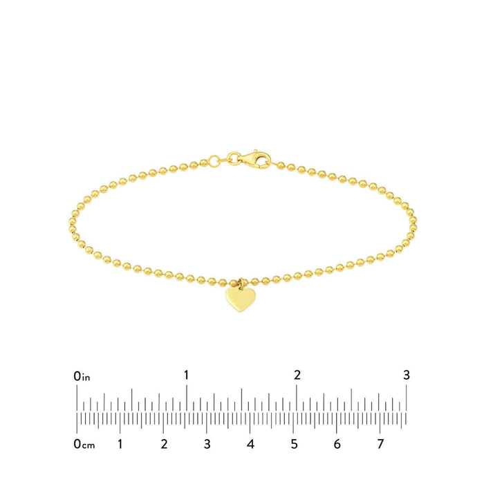 Engravable 14K Yellow Gold Personalized Ball Beaded Dangle Heart Bracelet (Hollow) 7.5" - WJD Exclusives