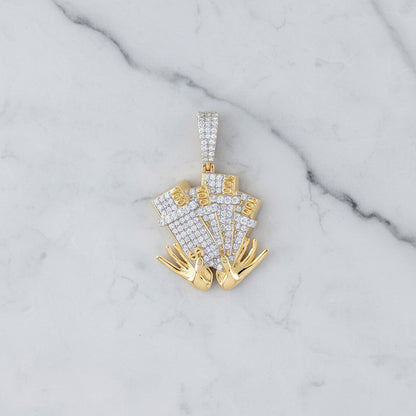 1.20CTW Natural Diamond 10K Yellow Gold 100 Dollar Bills By Hands Pendant 1.7"