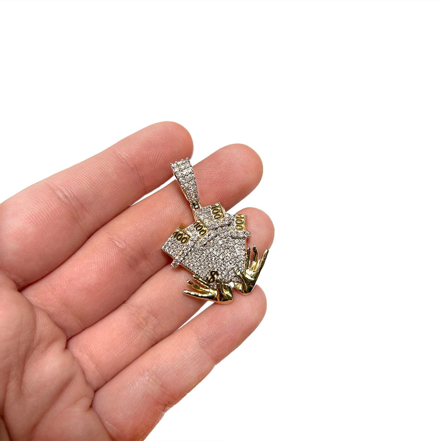 1.20CTW Natural Diamond 10K Yellow Gold 100 Dollar Bills By Hands Pendant 1.7"