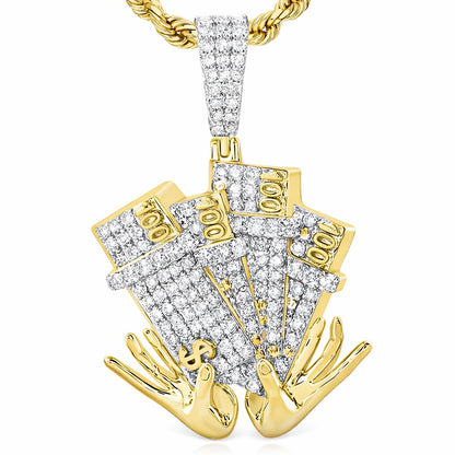 1.20CTW Natural Diamond 10K Yellow Gold 100 Dollar Bills By Hands Pendant 1.7"