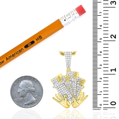 1.20CTW Natural Diamond 10K Yellow Gold 100 Dollar Bills By Hands Pendant 1.7"