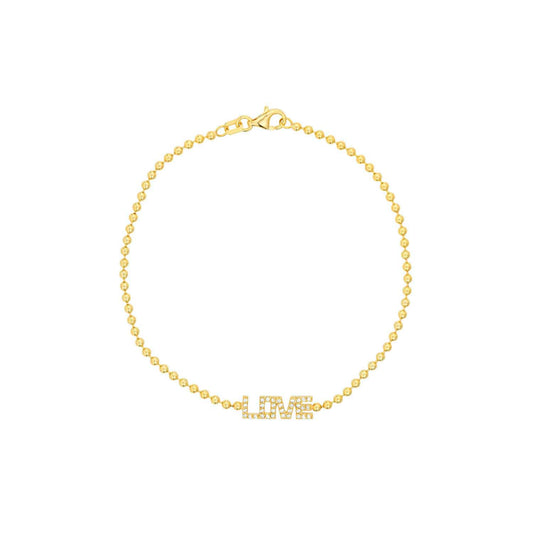 0.15CTW Real Diamond 14K Gold Ball Beaded LOVE Station Bracelet 7.5"