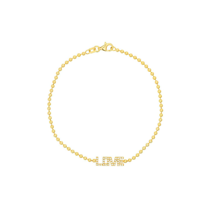 0.15CTW Natural Diamond 14K Gold Ball Beaded LOVE Station Bracelet (Hollow) 7.5" - WJD Exclusives