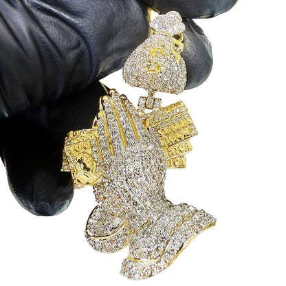 2.00CTW Real Diamond 10K Yellow Gold Praying Hands Dollars Money Sack Pendant