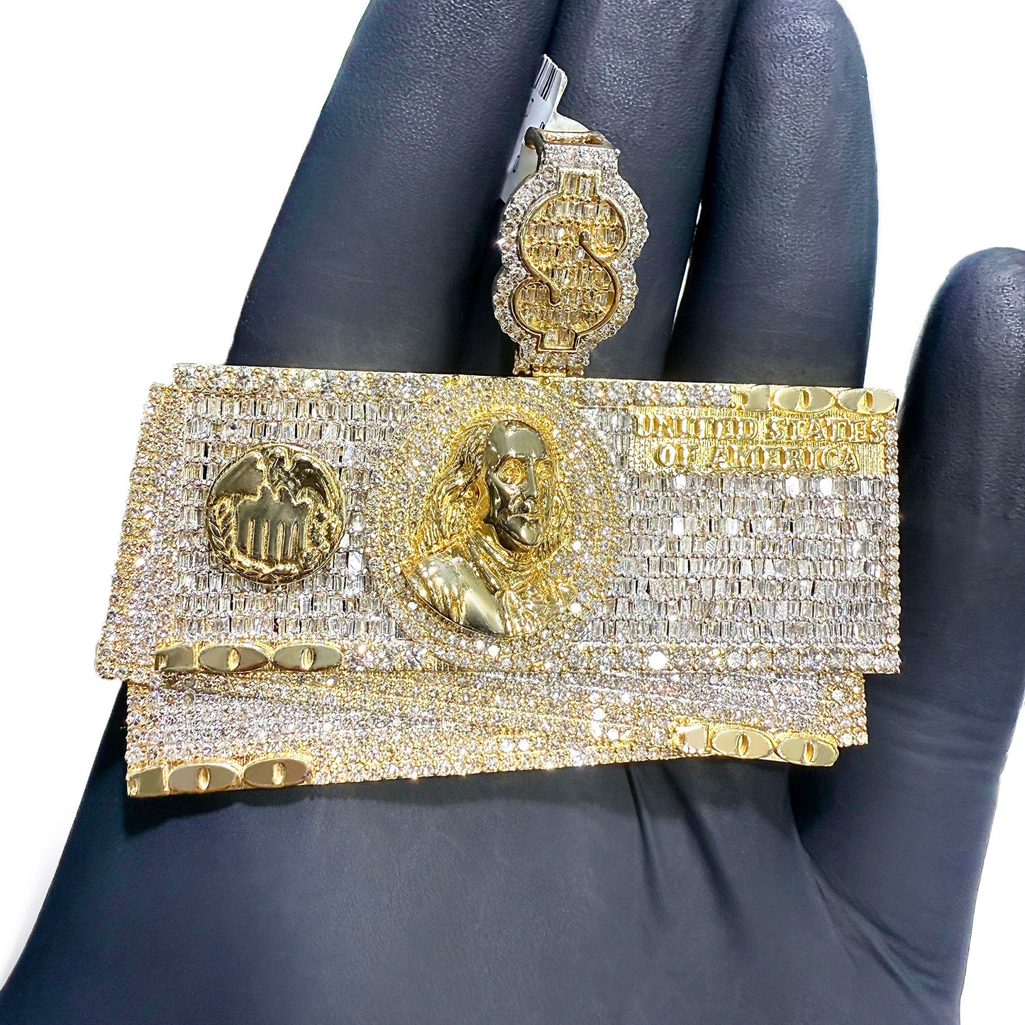 6.85CTW Real Diamond 10K Yellow Gold Hundred Dollar Bills Pendant 2.4"