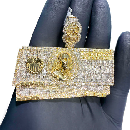 6.85CTW Real Diamond 10K Yellow Gold Hundred Dollar Bills Pendant 2.4"