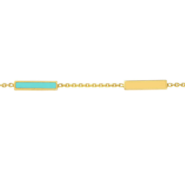 14K Gold Turquoise White Pink Enamel Bar Station Bracelet (Solid Links) 6.25" - 7.25" Adjustable - WJD Exclusives