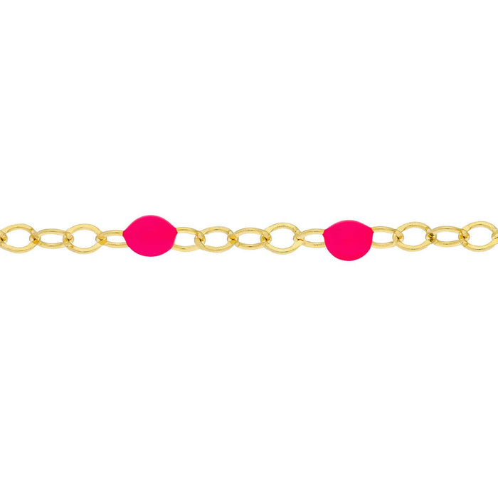 14K Gold Neon Yellow Pink Enamel Bead Piatto Cable Bracelet (Hollow) 6.5" - 7.5" Adjustable - WJD Exclusives