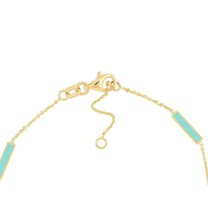 14K Gold Turquoise White Pink Enamel Bar Station Bracelet (Solid Links) 6.25" - 7.25" Adjustable - WJD Exclusives