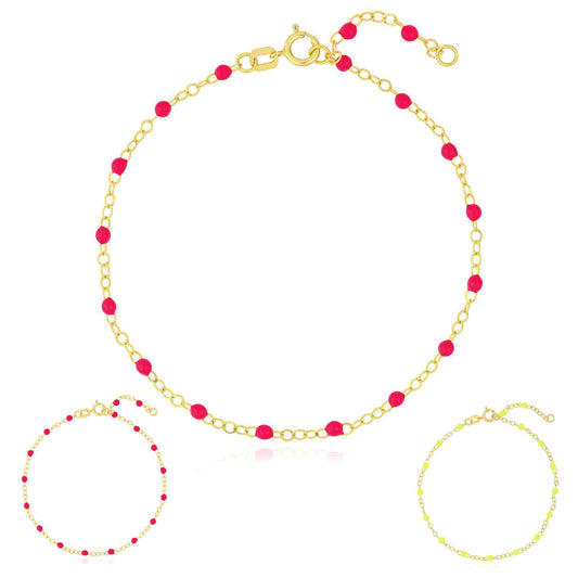 14K Gold Neon Yellow Pink Enamel Bead Piatto Cable Bracelet 6.5"-7.5" Adj