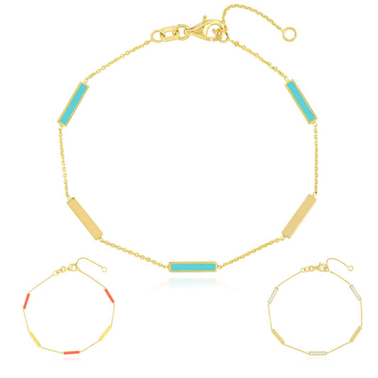 14K Gold Turquoise White Pink Enamel Bar Station Bracelet 6.25"-7.25" Adjustable
