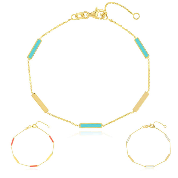 14K Gold Turquoise White Pink Enamel Bar Station Bracelet (Solid Links) 6.25" - 7.25" Adjustable - WJD Exclusives