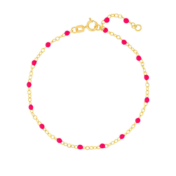 14K Gold Neon Yellow Pink Enamel Bead Piatto Cable Bracelet (Hollow) 6.5" - 7.5" Adjustable - WJD Exclusives