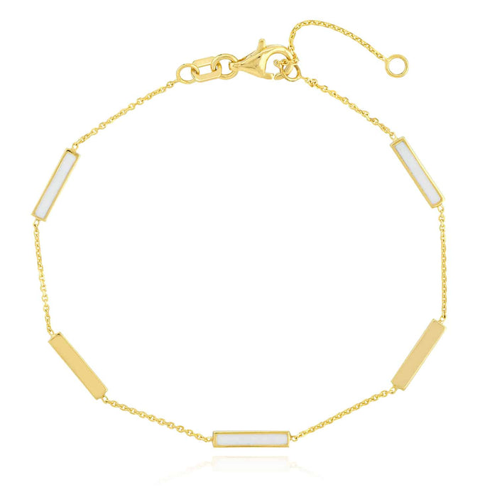 14K Gold Turquoise White Pink Enamel Bar Station Bracelet (Solid Links) 6.25" - 7.25" Adjustable - WJD Exclusives