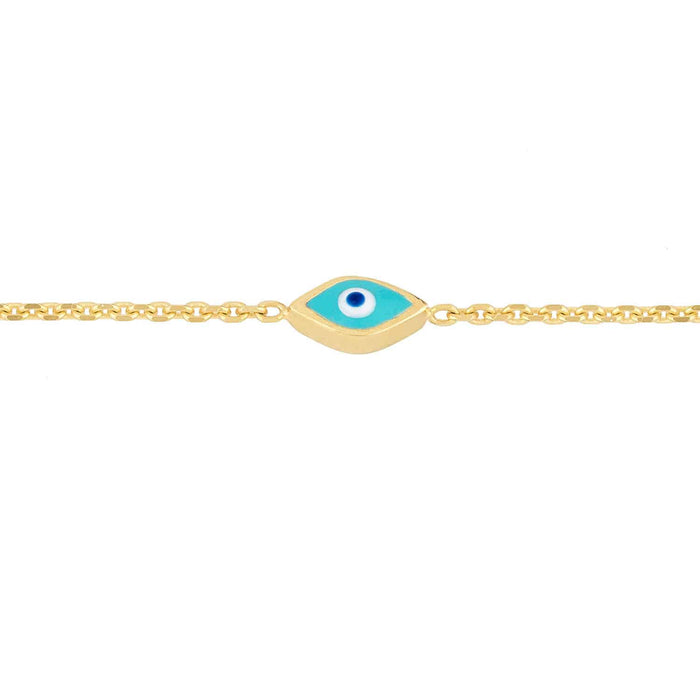 14K Yellow Gold Turquoise Evil Eye Station Bracelet (Solid Links) 6.25" - 7.25" Adjustable - WJD Exclusives