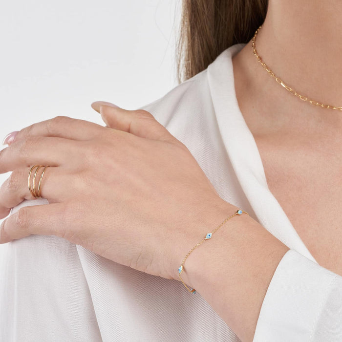 14K Yellow Gold Turquoise Evil Eye Station Bracelet (Solid Links) 6.25" - 7.25" Adjustable - WJD Exclusives
