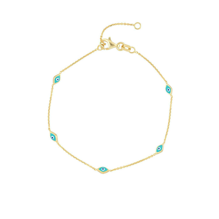 14K Yellow Gold Turquoise Evil Eye Station Bracelet (Solid Links) 6.25" - 7.25" Adjustable - WJD Exclusives