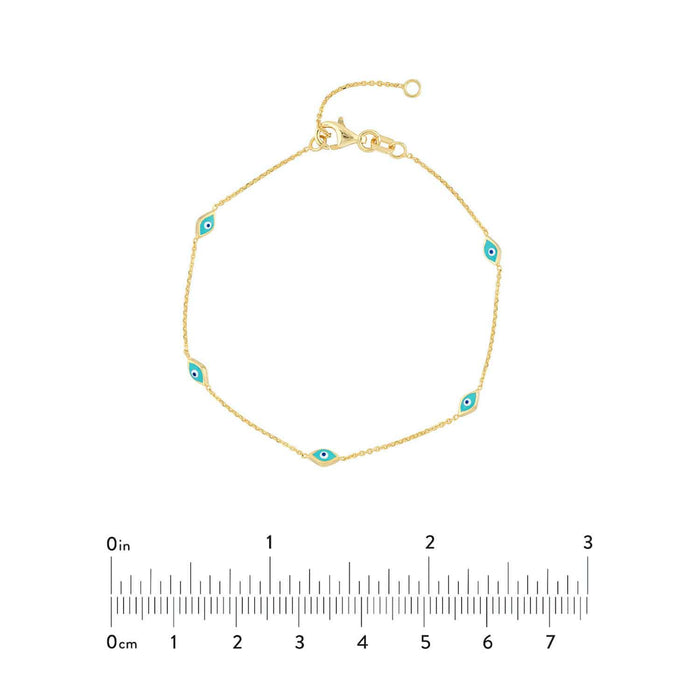 14K Yellow Gold Turquoise Evil Eye Station Bracelet (Solid Links) 6.25" - 7.25" Adjustable - WJD Exclusives