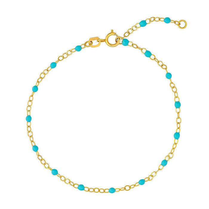 14K Yellow Gold Turquoise Beaded Piatto Bracelet (Solid Links) 6.5" - 7.5" Adjustable - WJD Exclusives