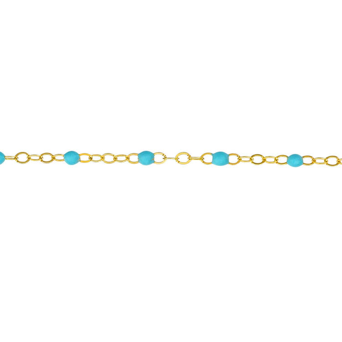 14K Yellow Gold Turquoise Beaded Piatto Bracelet (Solid Links) 6.5" - 7.5" Adjustable - WJD Exclusives