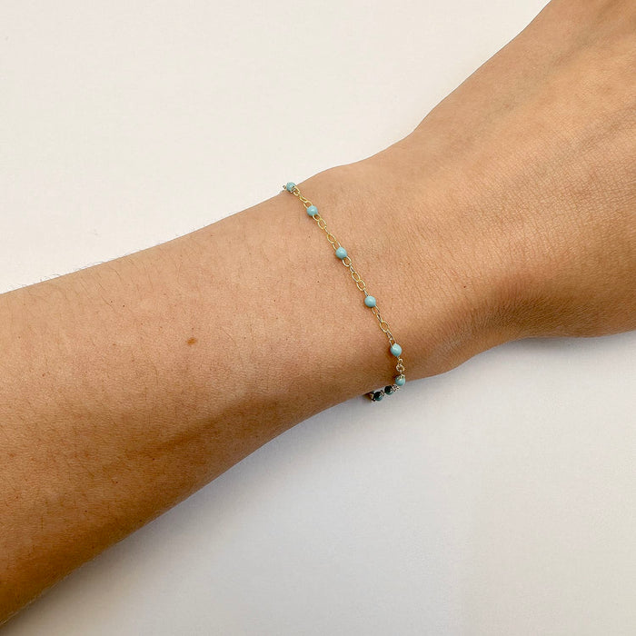 14K Yellow Gold Turquoise Beaded Piatto Bracelet (Solid Links) 6.5" - 7.5" Adjustable - WJD Exclusives