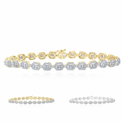 3CTW Natural Diamond 10K Yellow White Gold Baguette Geometric Bracelet (Solid Links) 8.5" - WJD Exclusives