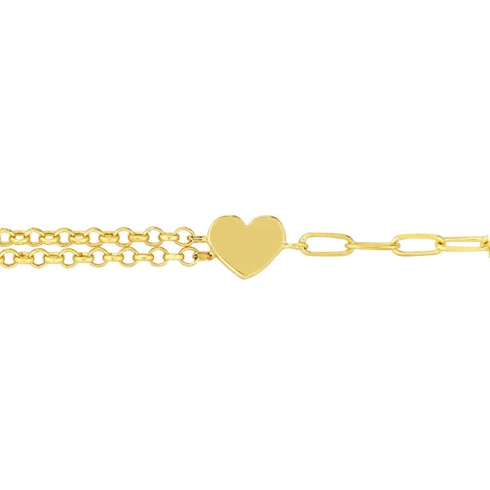 14K Yellow Gold Paperclip Double Rolo Heart Bracelet (Hollow) 7.5" - WJD Exclusives