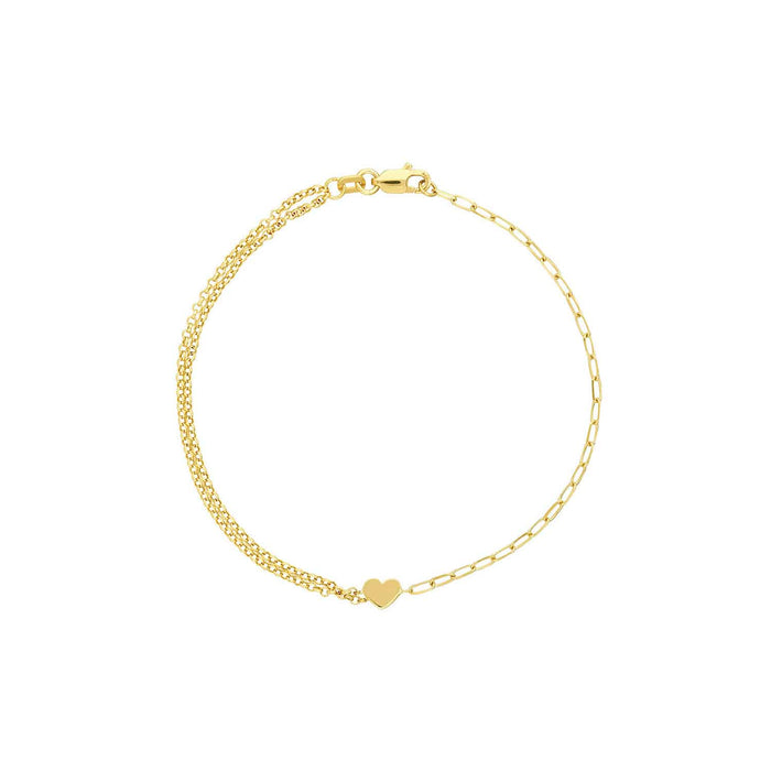 14K Yellow Gold Paperclip Double Rolo Heart Bracelet (Hollow) 7.5" - WJD Exclusives