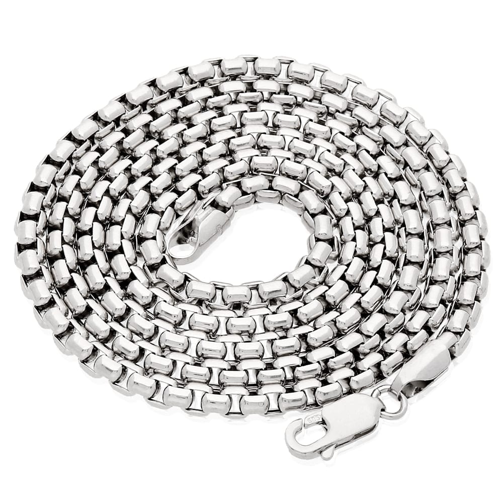14k White Gold 3.5mm Solid Round Box Chain Necklace 18"-26"