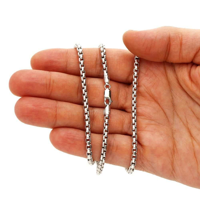14K White Gold 3.5mm Round Box Chain (Solid Links) 18"-26"