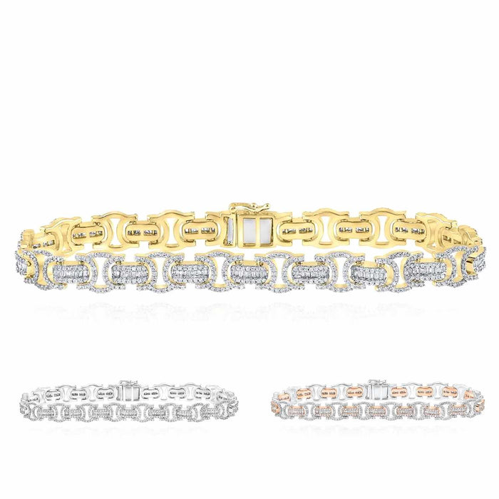 3.75CTW Natural Diamond 10K Yellow White Rose Gold Baguette 9mm Bracelet (Solid Links) 8.5" - WJD Exclusives