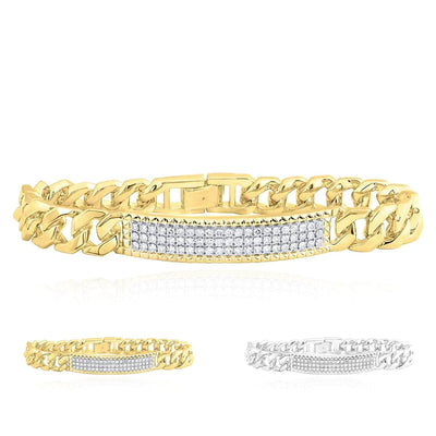 1.60CTW Natural Diamond 10K Yellow White Gold ID Bar 10.5mm Cuban Bracelet (Solid Links) 8.5" - WJD Exclusives