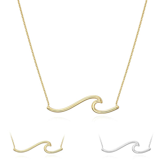 14K Gold Yellow White Wave Symbol Pendant Necklace 16"-18" Adjustable