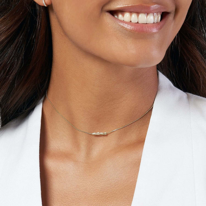 14K Yellow Gold Script Mama Choker Chain (Solid Links) 15" - 17" Adjustable - WJD Exclusives