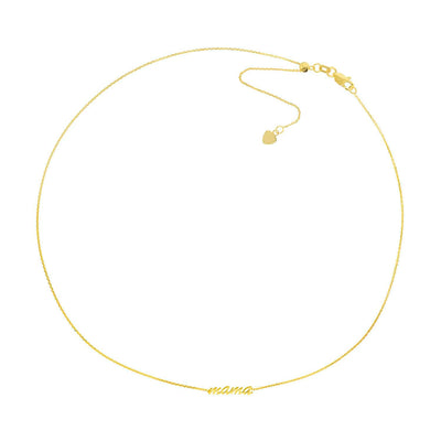 14K Yellow Gold Script Mama Choker Chain (Solid Links) 15" - 17" Adjustable - WJD Exclusives