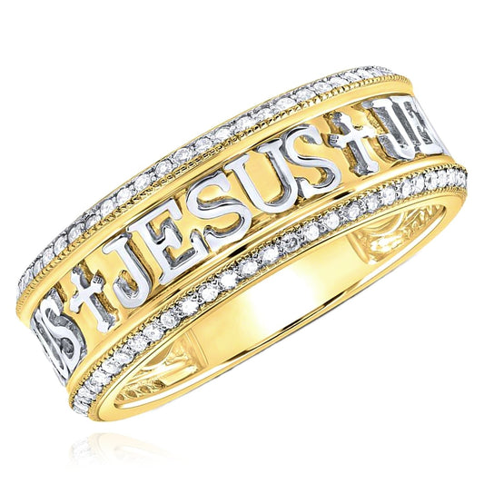 0.50CTW Real Diamond 10K Two-Tone Yellow White Gold Cross JESUS Band Ring