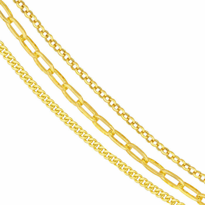 14K Yellow Gold Rolo Paperclip Curb Chain Triple Layered Necklace (Hollow) 16" - 18" - WJD Exclusives