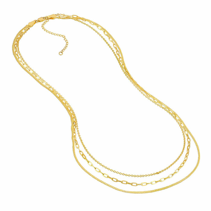 14K Yellow Gold Rolo Paperclip Curb Chain Triple Layered Necklace (Hollow) 16" - 18" - WJD Exclusives