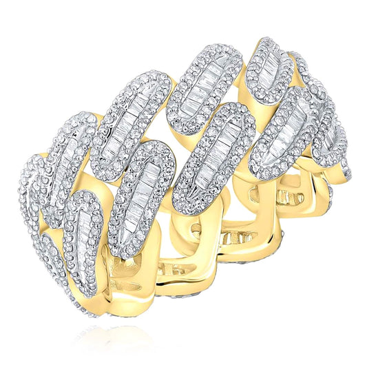 2.30CTW Real Diamond 10K Yellow Gold Round Baguette 13mm Cuban Ring